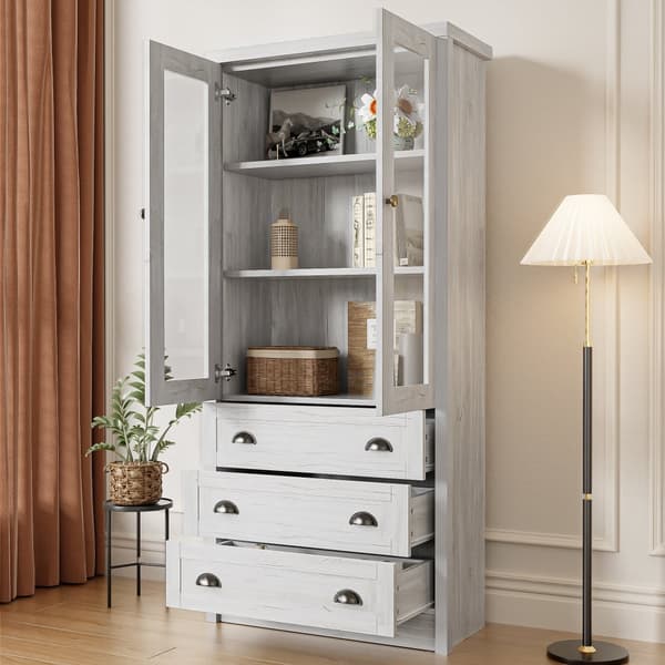 Moderni highboard 80x34x171 cm – puinen ilme lasiovilla, 3 laatikolla ja kuparikahvoilla, tyylikäs säilytystila olohuoneeseen, toimistoon ja eteiseen