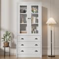 Pikkukuva 1 / 11: Moderni highboard 80x34x171 cm – puinen ilme lasiovilla, 3 laatikolla ja kuparikahvoilla, tyylikäs säilytystila olohuoneeseen, toimistoon ja eteiseen