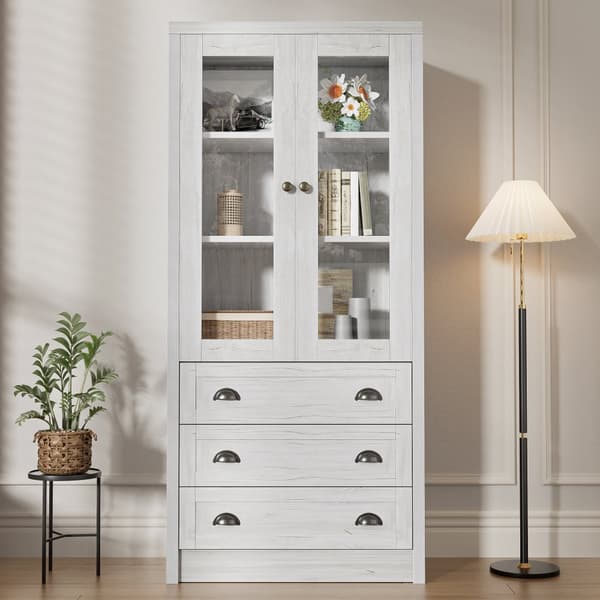 Moderni highboard 80x34x171 cm – puinen ilme lasiovilla, 3 laatikolla ja kuparikahvoilla, tyylikäs säilytystila olohuoneeseen, toimistoon ja eteiseen