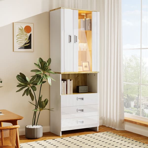 Vitrineskab 181,5 cm højt – hvid højglansfront, glaslåger og justerbar LED-belysning, moderne design