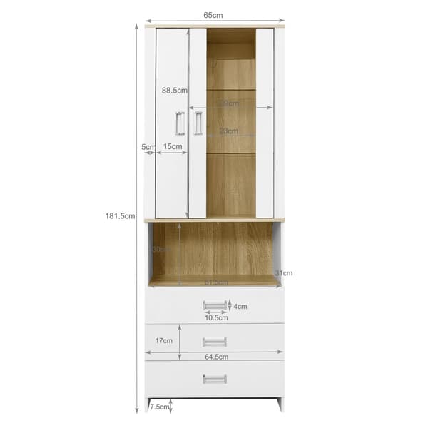 Vitrineskab 181,5 cm højt – hvid højglansfront, glaslåger og justerbar LED-belysning, moderne design