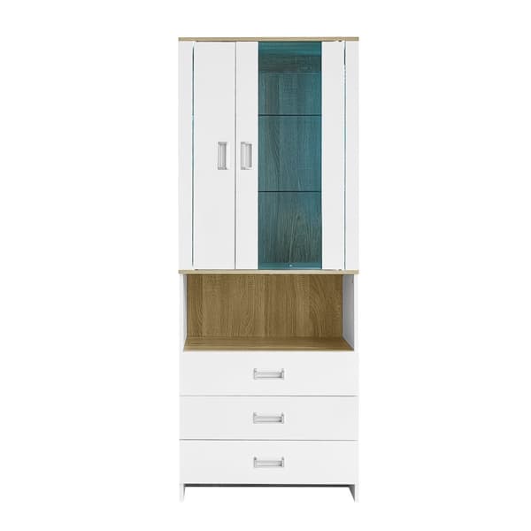 Vitrineskab 181,5 cm højt – hvid højglansfront, glaslåger og justerbar LED-belysning, moderne design