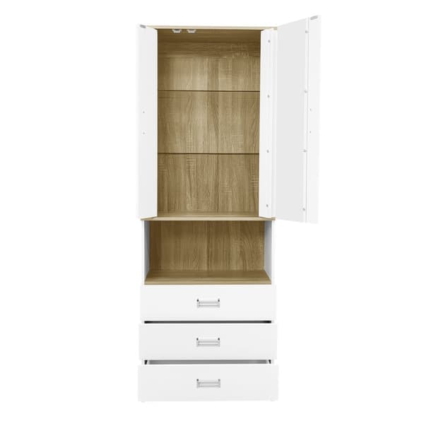 Vitrineskab 181,5 cm højt – hvid højglansfront, glaslåger og justerbar LED-belysning, moderne design