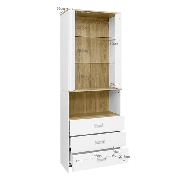 Vitrineskab 181,5 cm højt – hvid højglansfront, glaslåger og justerbar LED-belysning, moderne design