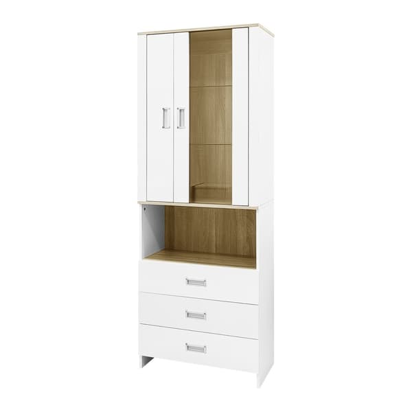 Vitrineskab 181,5 cm højt – hvid højglansfront, glaslåger og justerbar LED-belysning, moderne design