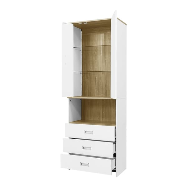 Vitrineskab 181,5 cm højt – hvid højglansfront, glaslåger og justerbar LED-belysning, moderne design