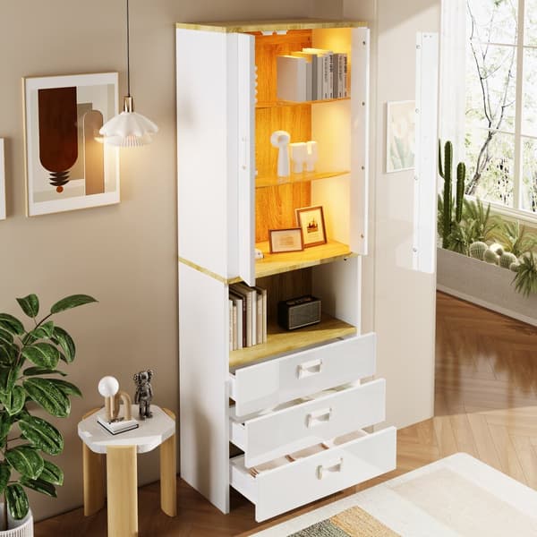 Vitrineskab 181,5 cm højt – hvid højglansfront, glaslåger og justerbar LED-belysning, moderne design