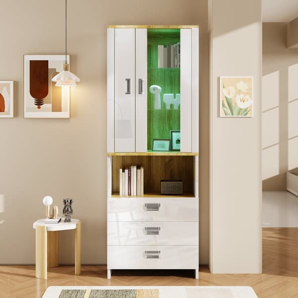 Vitrineskab 181,5 cm højt – hvid højglansfront, glaslåger og justerbar LED-belysning, moderne design