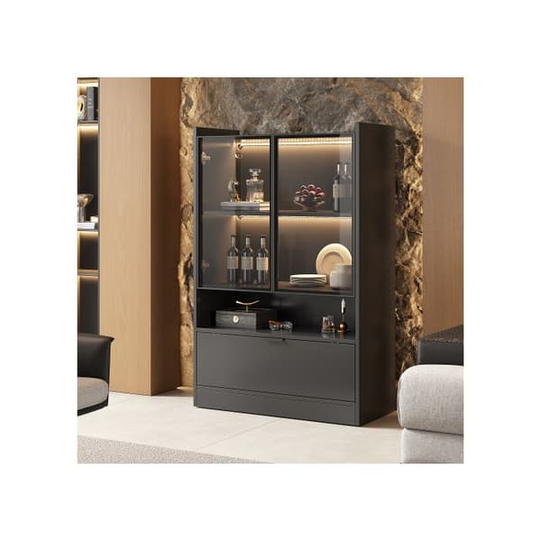 Modern LED-display vitrine in matte black, 120 cm high, with 16-color LED lighting; glass display on pedestal, with lighting.