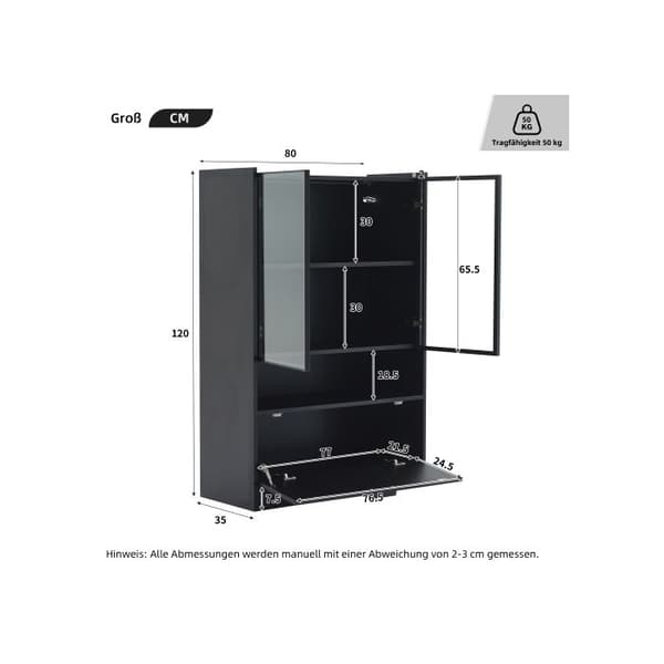 Modern LED-display vitrine in matte black, 120 cm high, with 16-color LED lighting; glass display on pedestal, with lighting.
