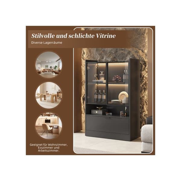Modern LED-display vitrine in matte black, 120 cm high, with 16-color LED lighting; glass display on pedestal, with lighting.