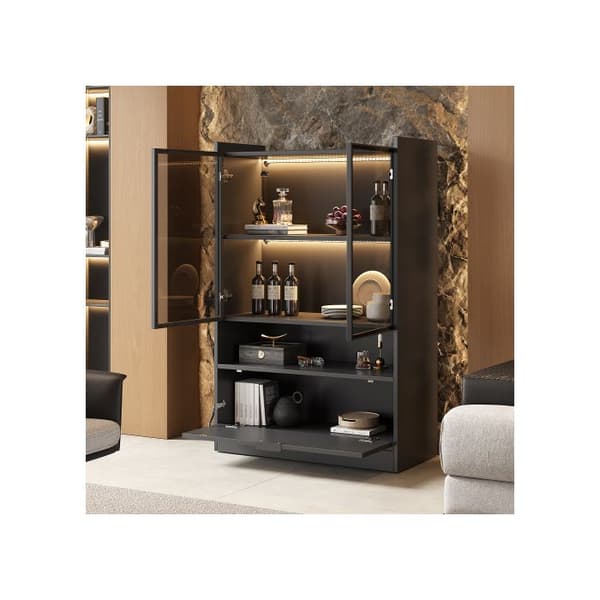 Modern LED-display vitrine in matte black, 120 cm high, with 16-color LED lighting; glass display on pedestal, with lighting.