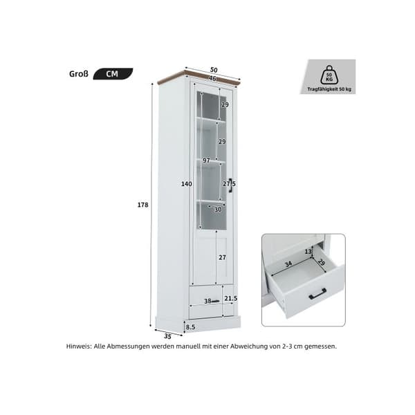 Modern mat vitrin med vit LED (178 cm) med USB-port, fjärrkontroll med 16 färger, fristående vitrin med trädekoration.