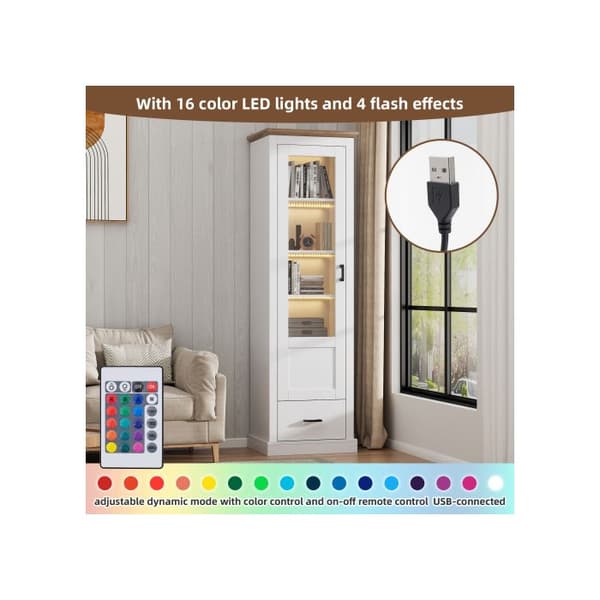 Modern mat vitrin med vit LED (178 cm) med USB-port, fjärrkontroll med 16 färger, fristående vitrin med trädekoration.