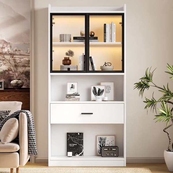 Upplyst kuriositetsvitrine, 1 stor låda och 16 färgade ljus, vit, svart fönster