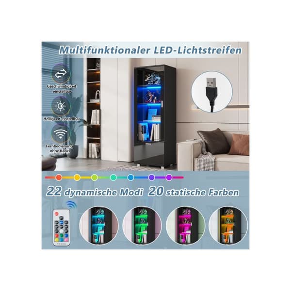 Svart glänsande vitrinskåp med glasdörr, LED-belyst glaskåp, (3 hyllor)