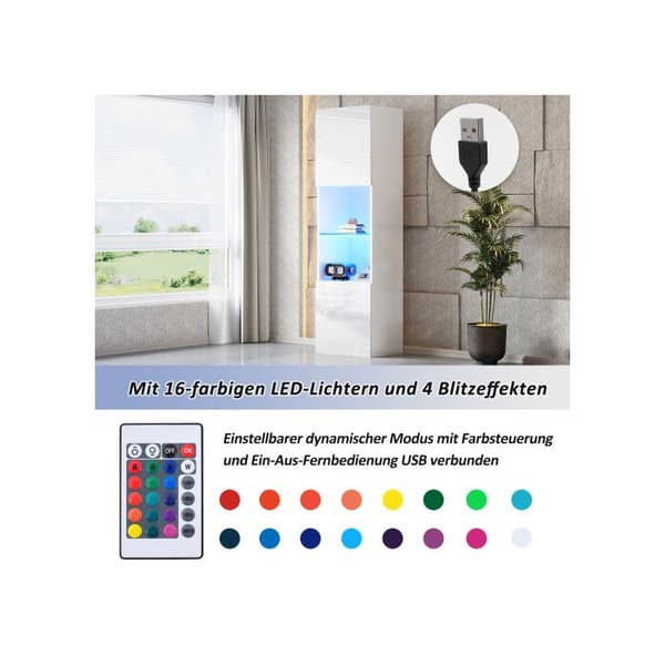 Skåp i glänsande vit med LED-belysning, 1 hylla i glas, 45*35*160 cm, vitrine