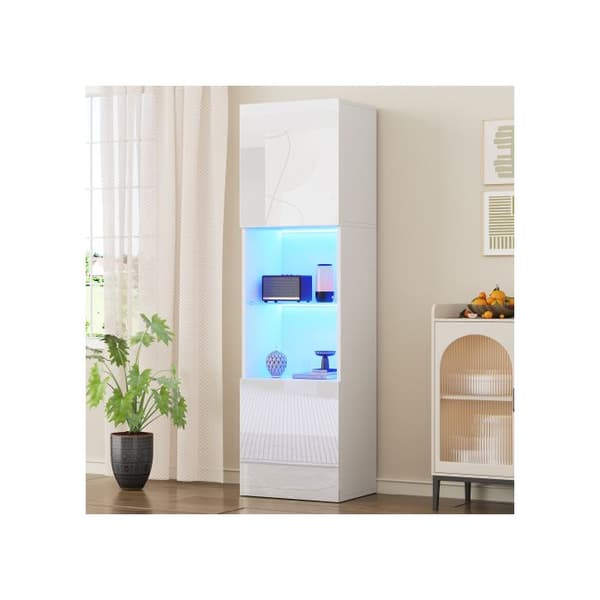 Skåp i glänsande vit med LED-belysning, 1 hylla i glas, 45*35*160 cm, vitrine