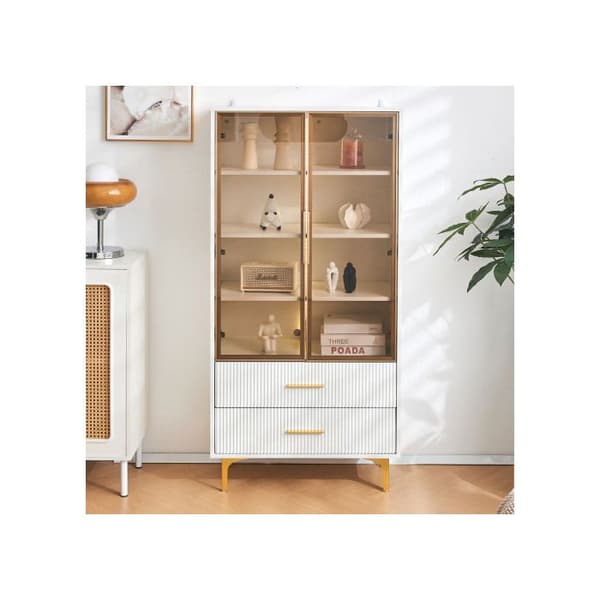 Elegant tvådörrars vitrinskåp - 70*35*150 cm - Glasdörrar, gyllene ben