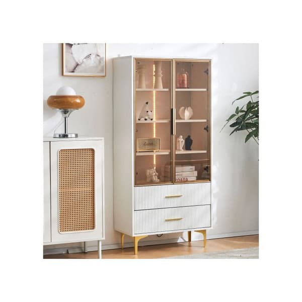 Elegant tvådörrars vitrinskåp - 70*35*150 cm - Glasdörrar, gyllene ben