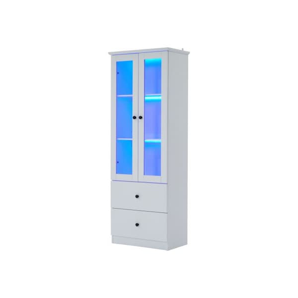 Modern matt vitrin LED, höjd 165 cm, med USB-uttag, fjärrkontroll med 16 färger, glasvitrin med 2 lådor.