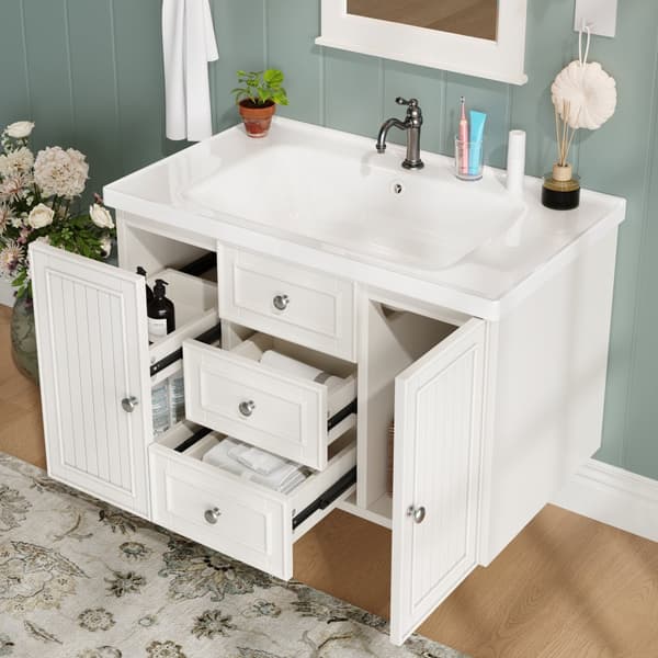 Tvättställsskåp med handfat 78,5×46×46,8 cm – Väggmonterat badrumsskåp i vitt med 3 lådor, mycket förvaring, modern stil