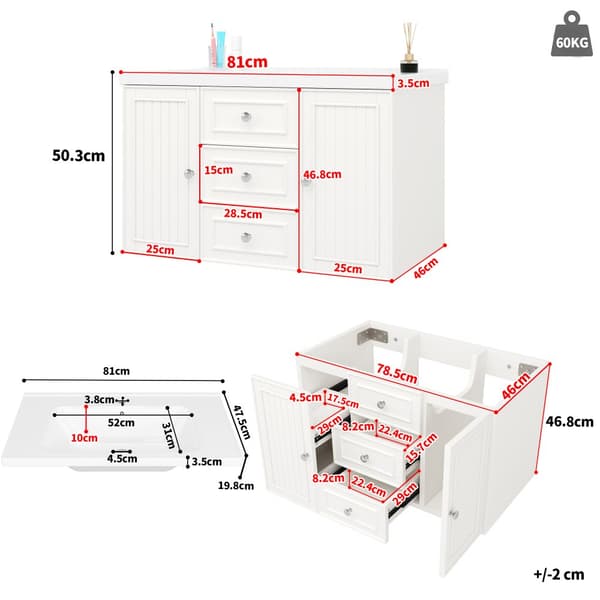 Tvättställsskåp med handfat 78,5×46×46,8 cm – Väggmonterat badrumsskåp i vitt med 3 lådor, mycket förvaring, modern stil