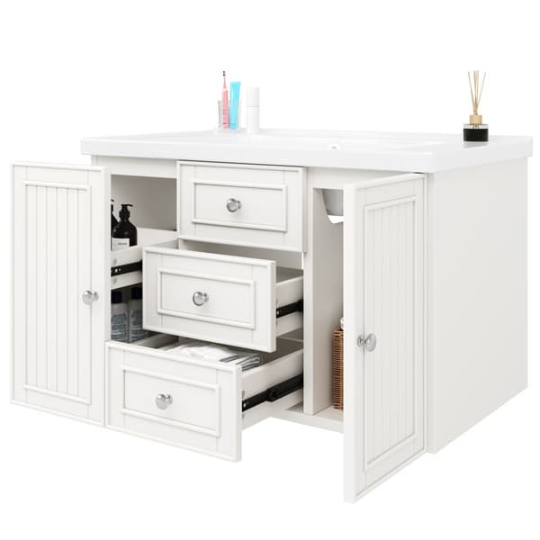 Tvättställsskåp med handfat 78,5×46×46,8 cm – Väggmonterat badrumsskåp i vitt med 3 lådor, mycket förvaring, modern stil