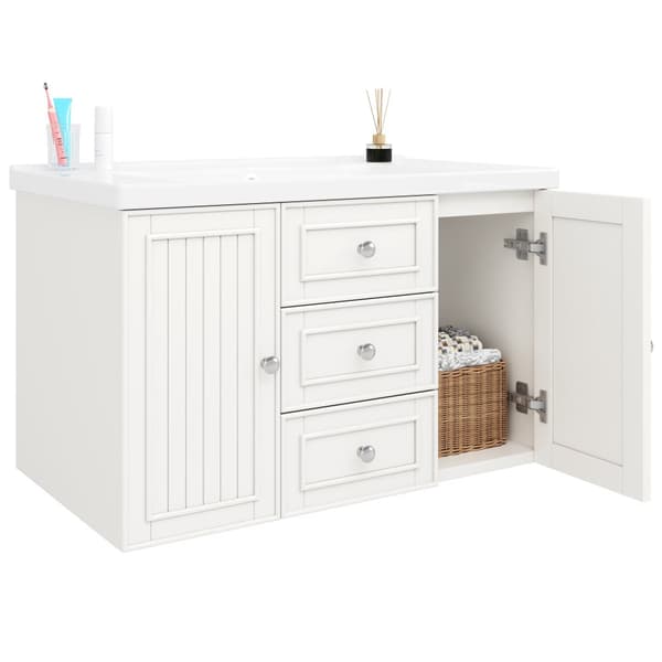 Tvättställsskåp med handfat 78,5×46×46,8 cm – Väggmonterat badrumsskåp i vitt med 3 lådor, mycket förvaring, modern stil