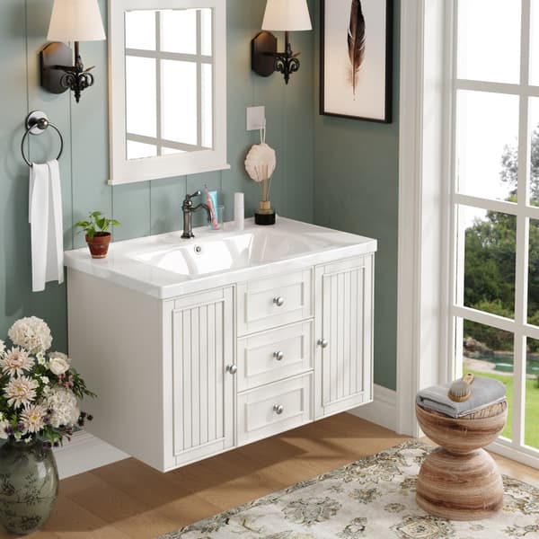 Tvättställsskåp med handfat 78,5×46×46,8 cm – Väggmonterat badrumsskåp i vitt med 3 lådor, mycket förvaring, modern stil
