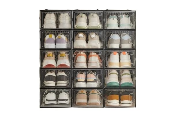 Rootz 18 Sæt skoopbevaringsbokse - Skoarrangører - Gennemsigtige sorte stable containere - Rumbesparende - 33,5 cm x 23 cm x 14 cm