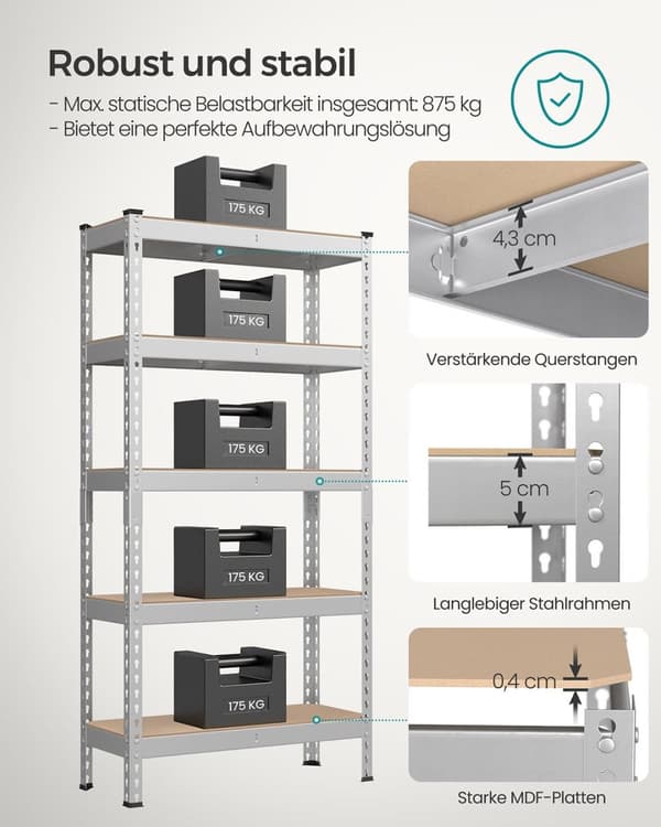 Rootz 2 Set Heavy -Duty hylde - Robust opbevaringsenhed - Industriel hylde - Max Load 875 kg - Sølvstål & MDF - 30 cm x 75 cm x 150 cm