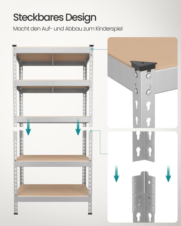 Rootz 2 Set Heavy -Duty hylde - Robust opbevaringsenhed - Industriel hylde - Max Load 875 kg - Sølvstål & MDF - 30 cm x 75 cm x 150 cm