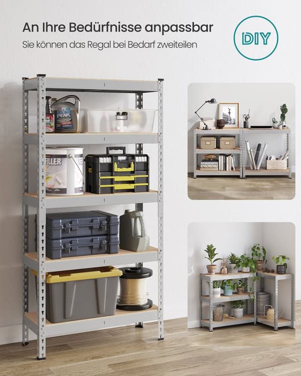 Rootz 2 Set Heavy -Duty hylde - Robust opbevaringsenhed - Industriel hylde - Max Load 875 kg - Sølvstål & MDF - 30 cm x 75 cm x 150 cm