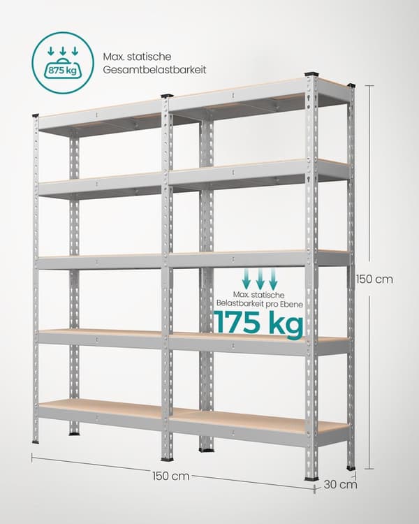 Rootz 2 Set Heavy -Duty hylde - Robust opbevaringsenhed - Industriel hylde - Max Load 875 kg - Sølvstål & MDF - 30 cm x 75 cm x 150 cm