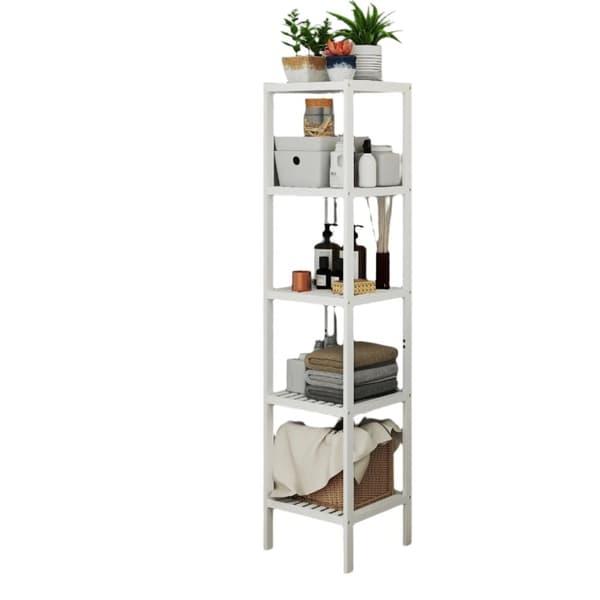 Rootz 5 -niveau badeværelse hylde - smal hylde - multifunktionel opbevaringshylde - bambus holdbarhed - 33 cm x 33 cm x 146 cm - skyhvid