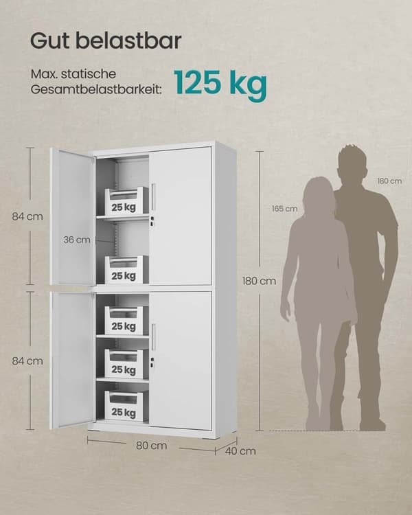 Rootz 4 -dørs opbevaringsskab - Steel Locker - Arkiveringsskab - Holdbar og rummelig - 40 x 80 x 180 cm - Matt Gray