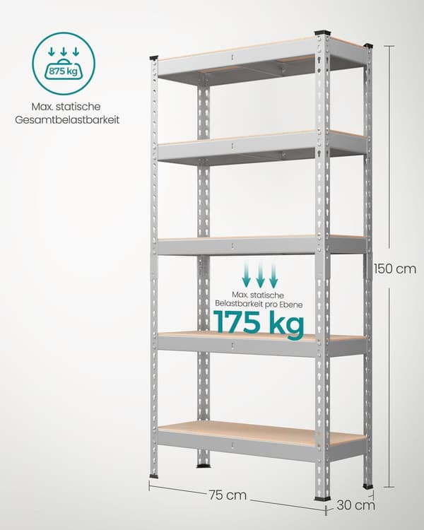Rootz 5 -lags kraftig hylde - opbevaringsstativ - værktøjshylder - 175 kg belastningskapacitet - Steel & MDF - 30 cm x 75 cm x 150 cm - Sølv og brun