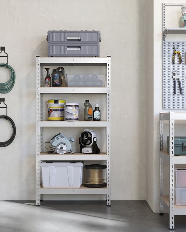 Rootz 5 -lags kraftig hylde - opbevaringsstativ - værktøjshylder - 175 kg belastningskapacitet - Steel & MDF - 30 cm x 75 cm x 150 cm - Sølv og brun