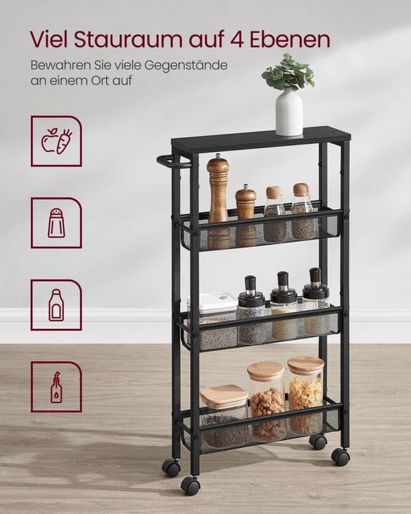 Rootz 4 -nivå Troting Trolley - Rolling Cart - Lagringsorganisatör - Träflipning - 13 x 45,4 x 77 cm