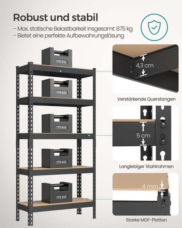 Rootz Heavy Duty Shelf - 5 Tier Storage Unit - Robust Rack - 875 kg kapacitet - Steel & MDF - 30 x 75 x 150 cm