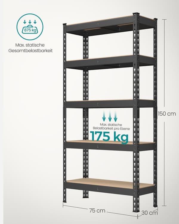 Rootz Heavy Duty Shelf - 5 Tier Storage Unit - Robust Rack - 875 kg kapacitet - Steel & MDF - 30 x 75 x 150 cm