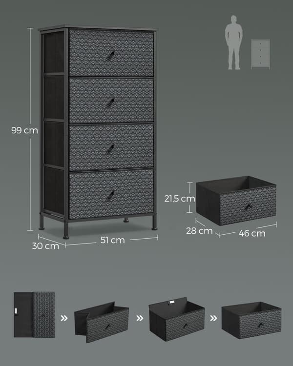 Rootz Tvätt Chopper - 4 Drawer Dresser - Lagringsarrangör - Spacebesparing - 30 x 51 x 99 cm - Ebony Black Ink