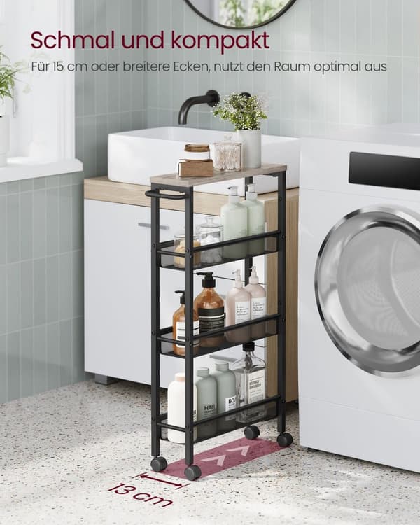 Rootz Rolling Car - 4 Level Trolley - Utility Cart - Effektiv lagring - 13 cm x 45,4 cm x 77 cm - Grå -svart