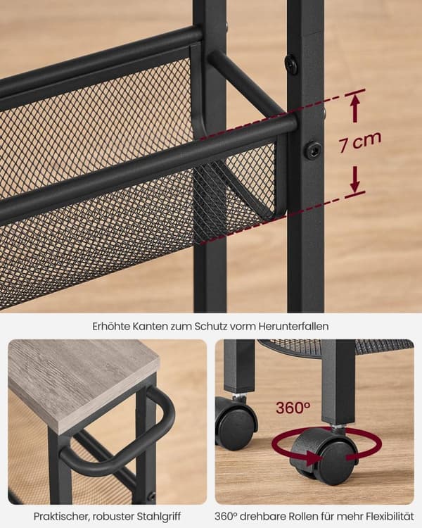 Rootz Rolling Car - 4 Level Trolley - Utility Cart - Effektiv lagring - 13 cm x 45,4 cm x 77 cm - Grå -svart