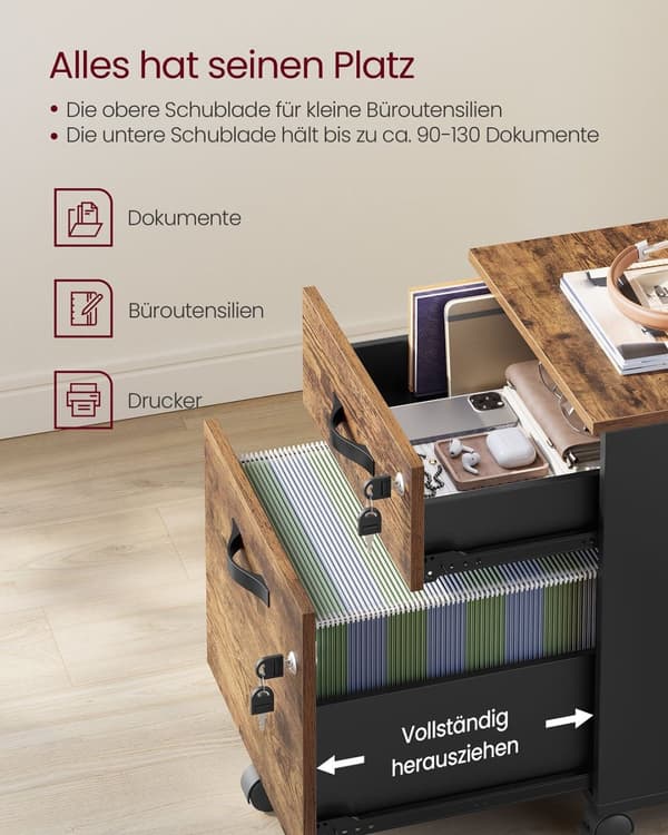 Rootz Roll Container - Låsbar opbevaringsenhed - Mobil kabinet - Brun & Black - MDF & Chipboard - 43,8 cm x 40 cm x 54,4 cm