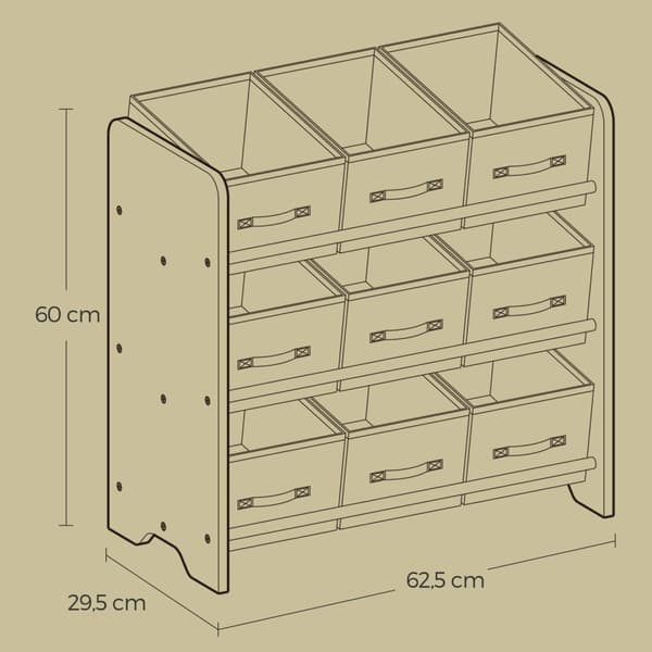Rootz Regal Bookhelf - Storage Organizer - Space Saver - 9 Ikke -vævede stofbokse - Alsidig design - 62,5 x 29,5 x 60 cm