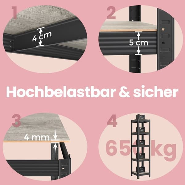 Rootz Stand Shelf - Bookhelf - Warehouse Shelf - Holdable Steel & MDF - 37x37x150 cm - Greige -sort finish
