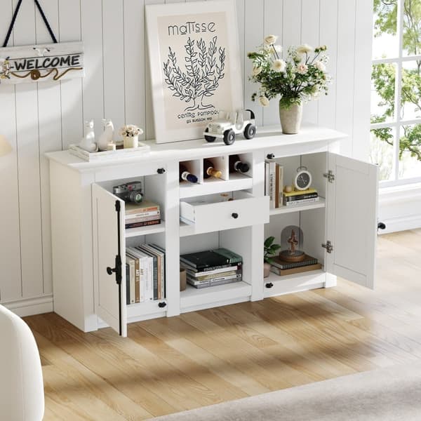 Skænk 130x35x70 cm hvid, moderne skænk med 2 låger, 1 skuffe, 3 vinrum og halvåben opbevaringsplads