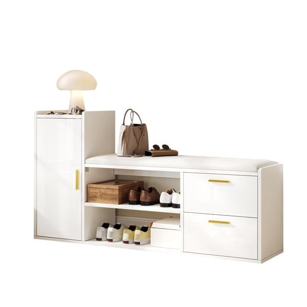 Hvidt skoskab 128×30×68 cm med 2 skuffer, skab og højglans sædebænk med polstret sæde og opbevaring, til stue, entré eller kontor